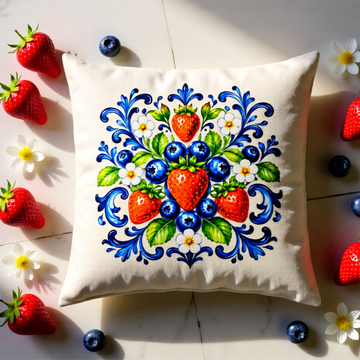 43 × 43 cm Gabardin Kırlent Kılıfı – Çilek & Yaban Mersini Desenli