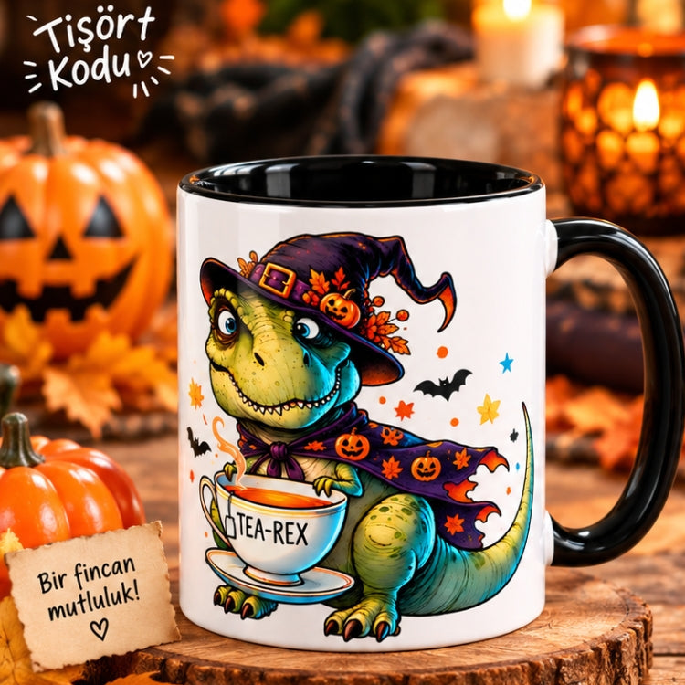 Tea-Rex Cadı Halloween Dinozor Tasarımlı Porselen Kupa – Siyah İç & Kulplu 11 oz
