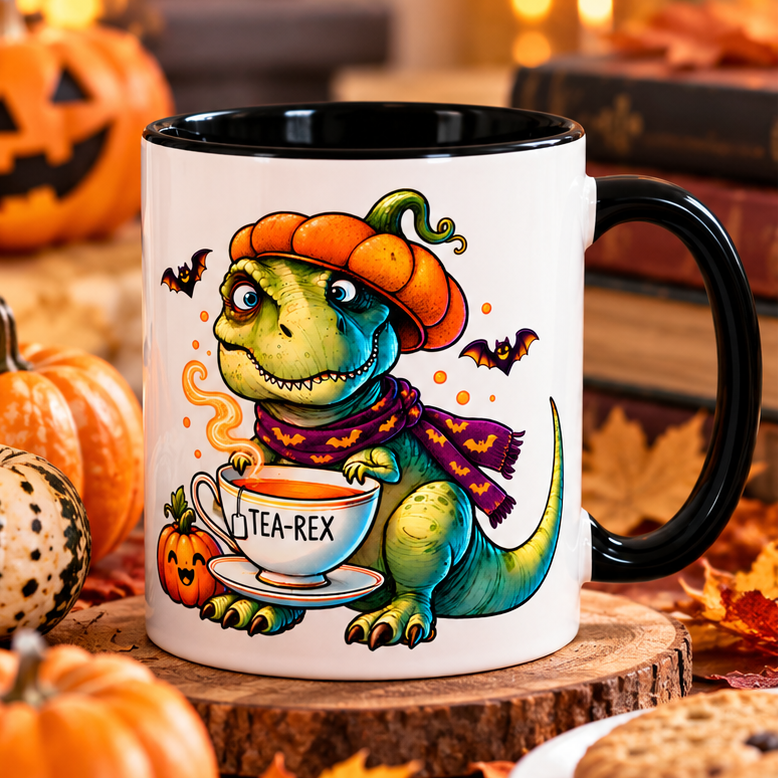 Tea-Rex Halloween Tasarımlı Porselen Kupa – Siyah İç & Kulplu 11 oz