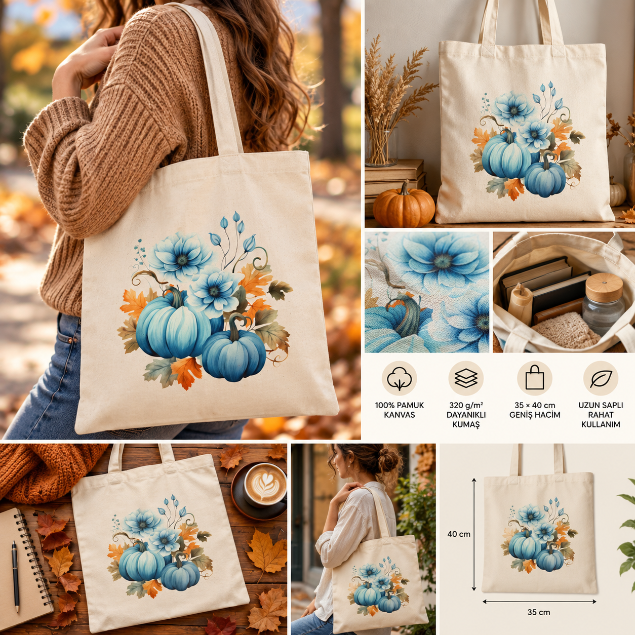 Mavi Balkabağı ve Çiçek Baskılı Natural Kanvas Tote Çanta – Sonbahar Tasarımı