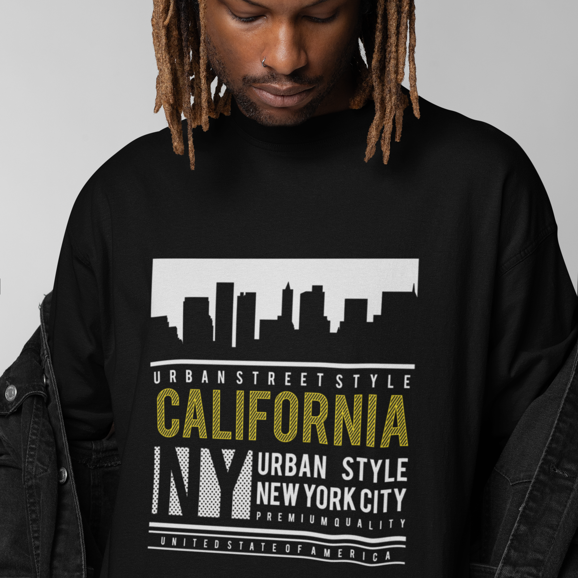 Oversize Siyah Tişört – California NY Urban Street Style Baskılı Unisex T-Shirt