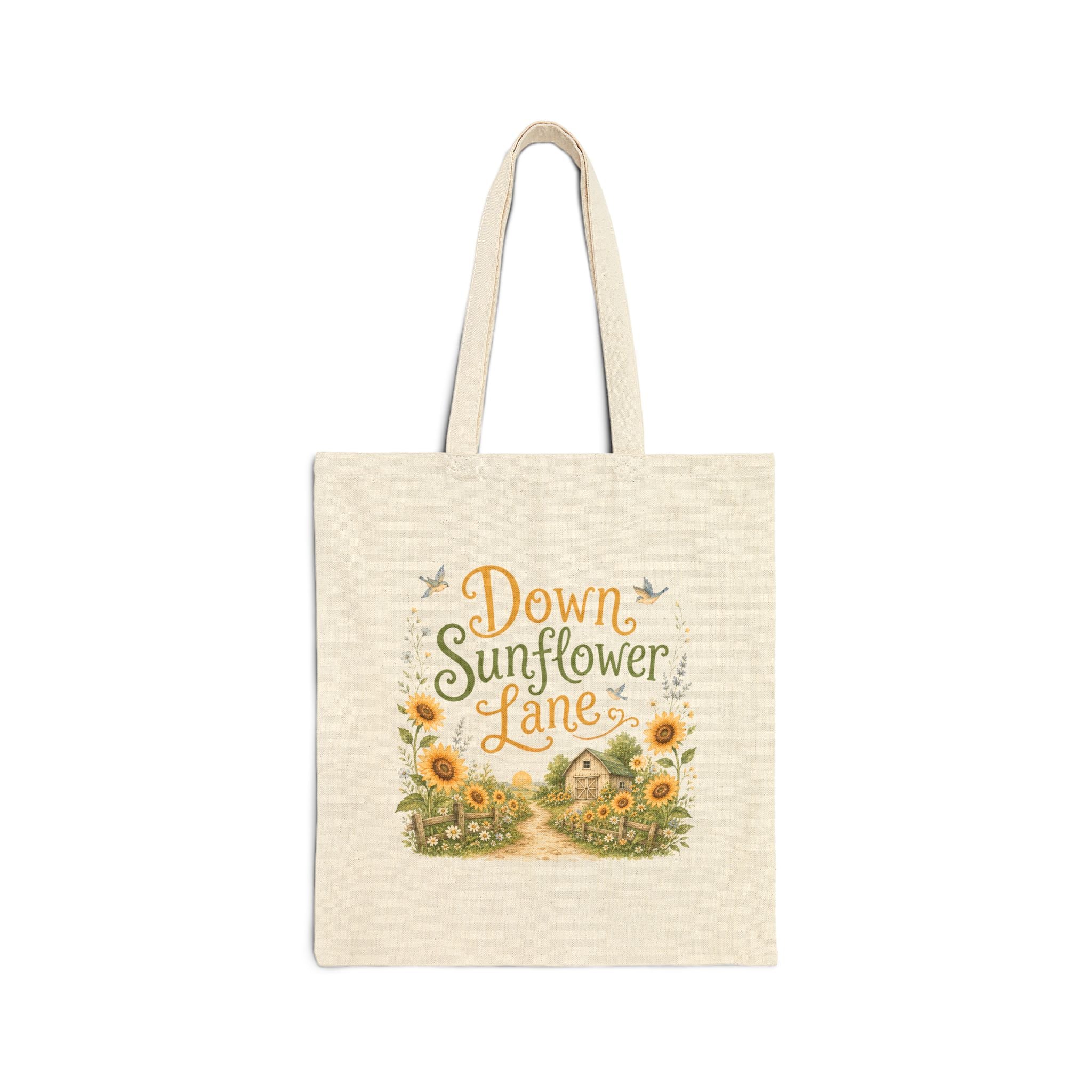 Down Sunflower Lane tasarımlı ayçiçek desenli doğal renk kanvas tote çanta, günlük kullanım için bez omuz çantası.