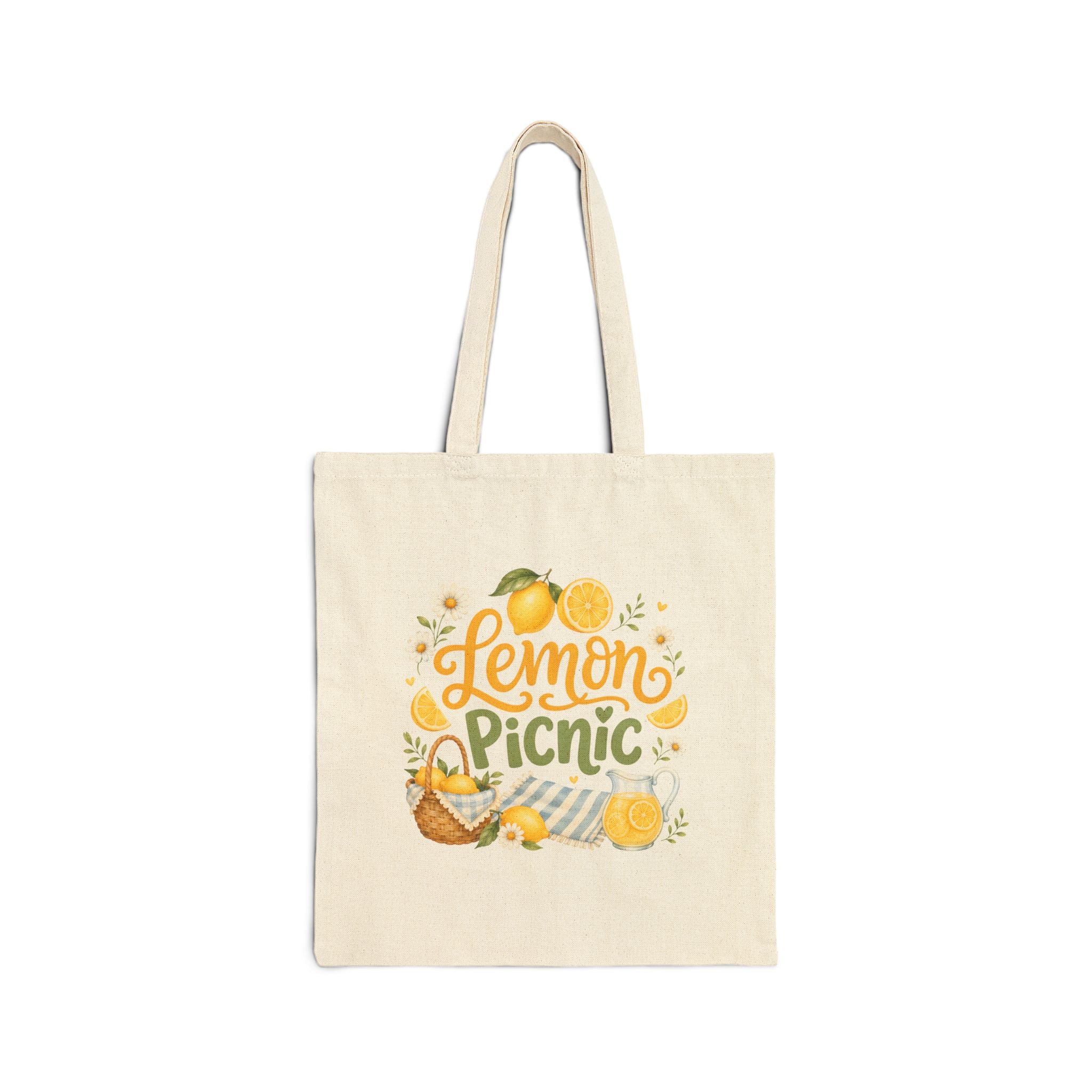 Lemon Picnic tasarımlı doğal renk kanvas tote çanta, limon ve piknik temalı baskılı bez omuz çantası, günlük kullanım ve alışveriş için uygun.